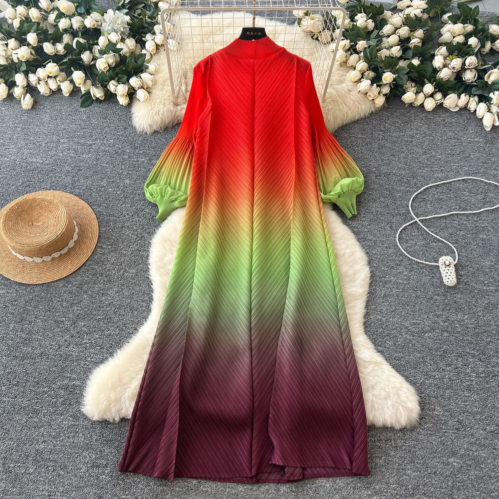 fashion gradient lantern sleeve pleated dress - women's spring/autumn loose a-line maxi dress