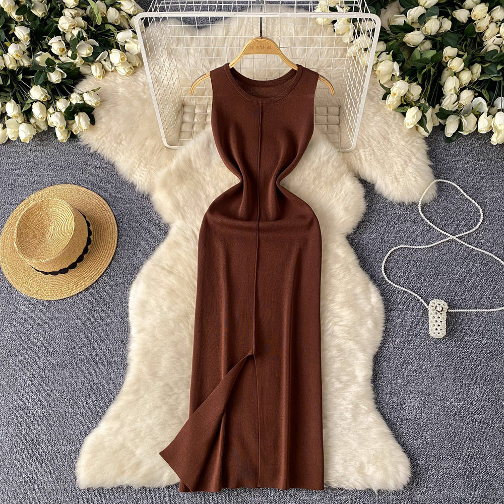 Sense of designfashion round neck sleeveless dress women's summer thin silmslimming look slit hip-covering knitting skirt long skirt