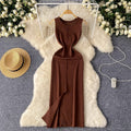 Sense of designfashion round neck sleeveless dress women's summer thin silmslimming look slit hip-covering knitting skirt long skirt