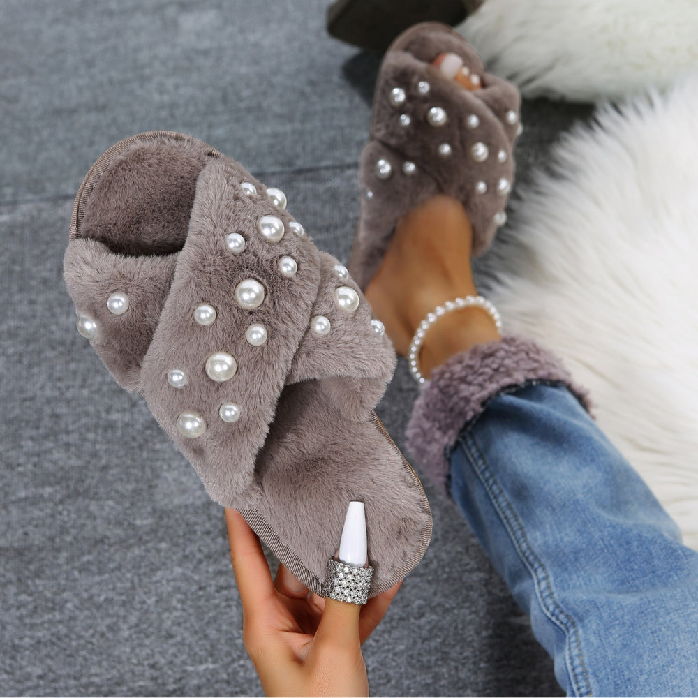Fall and winternew arrivalmofluffy slippers women's flats home indoor slippers heattech pearl floor cross mofluffy slippers women
