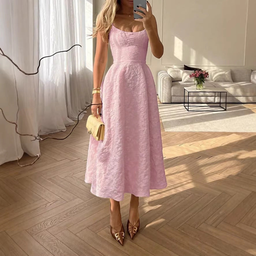 cross-border french pink camisole lace-up waist maxi dress
