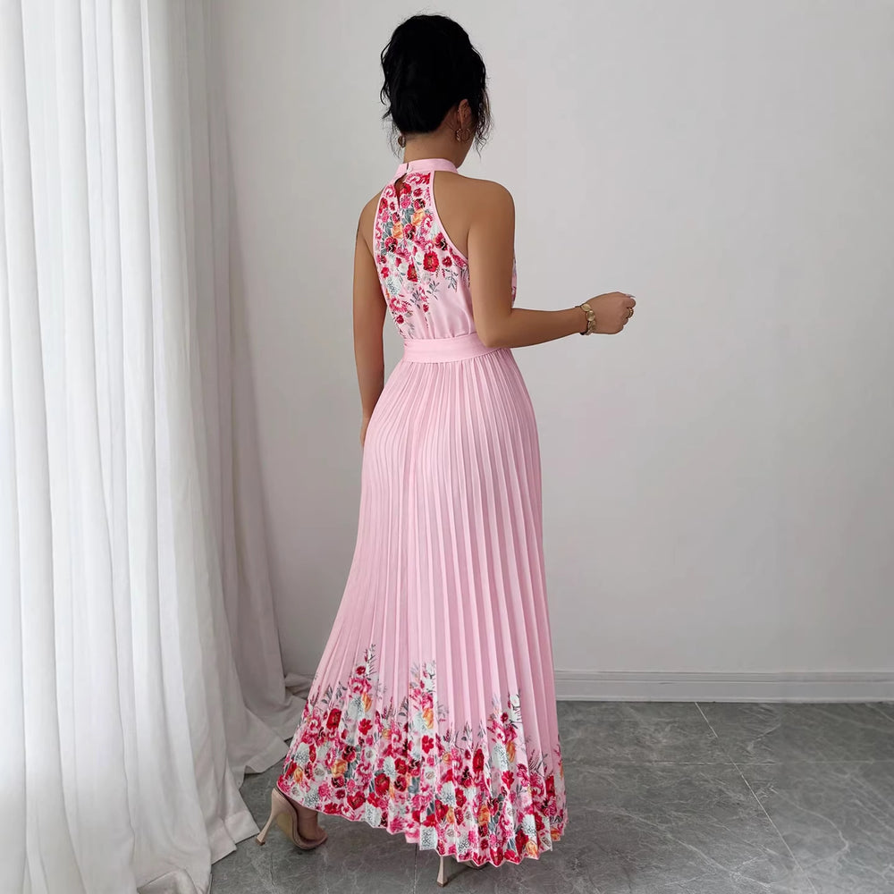 European and american cross-border women's summer  elegant halter neck tie waist floral print pleated maxi swing dress