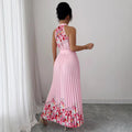 European and american cross-border women's summer  elegant halter neck tie waist floral print pleated maxi swing dress