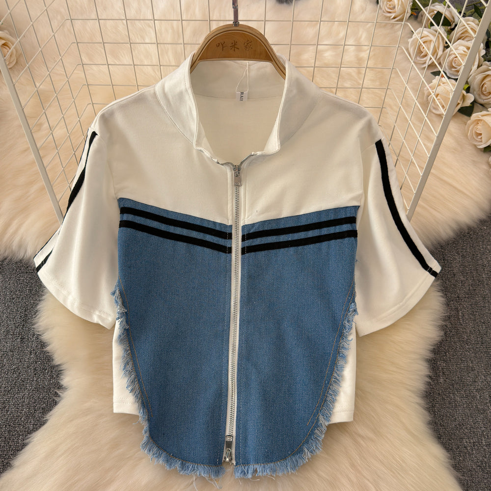 Chic hong kong style women's two-piece set: designer short-sleeve t-shirt with denim patchwork top + high-waisted casual straight-leg pants