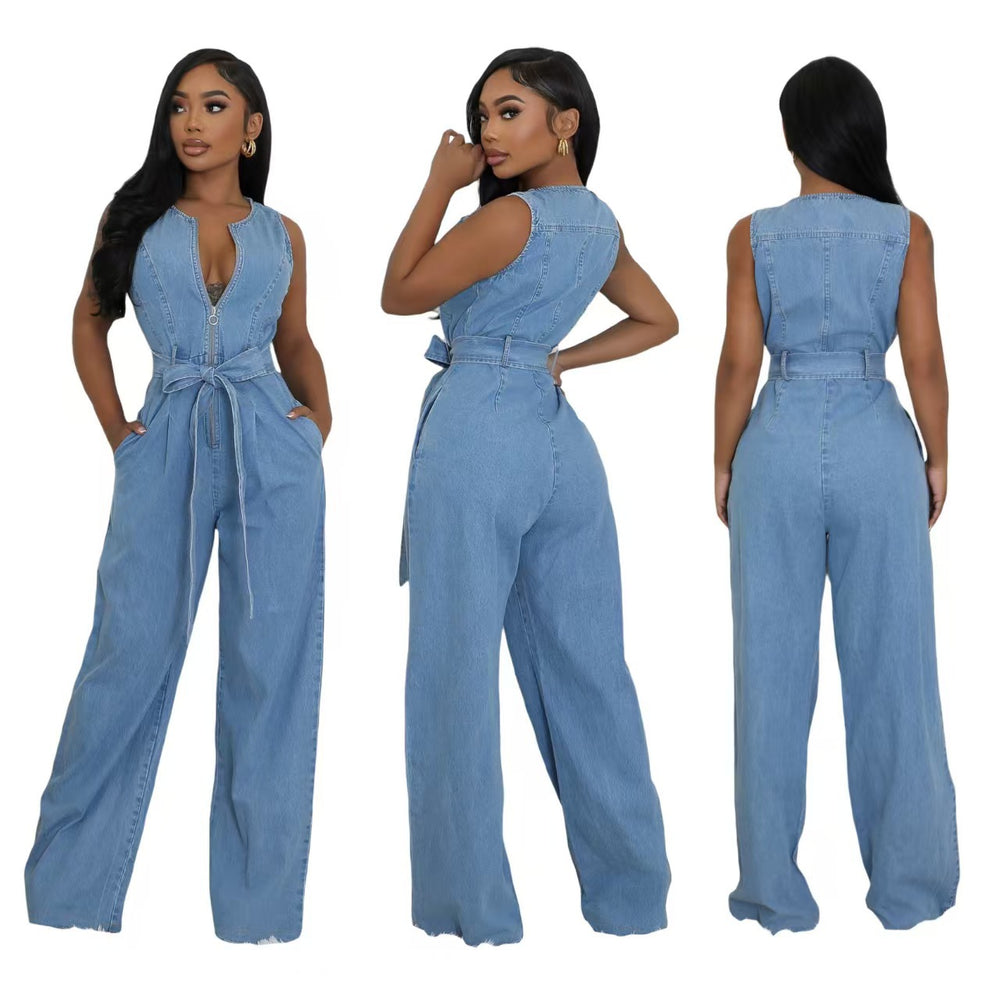 Fashion cross-border   tight waist silm elastic washed denim jumpsuit straight-legloose jumpsuit