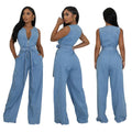 Fashion cross-border   tight waist silm elastic washed denim jumpsuit straight-legloose jumpsuit