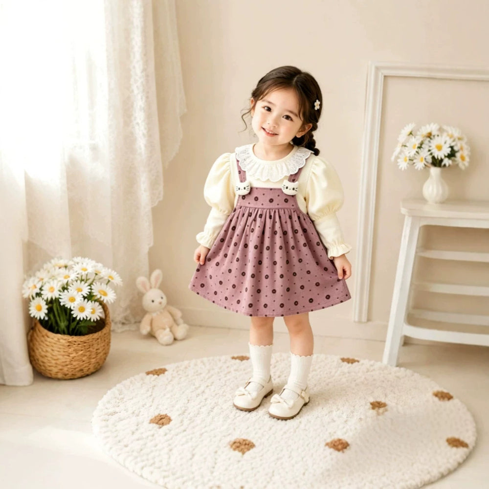 Girls' dress - trendy  new style - baby girl faux two-piece dress - princess style cute polka dot dress