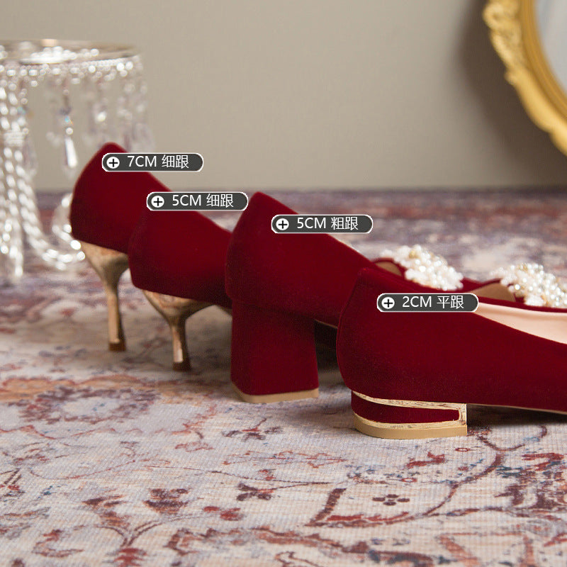 Red xiuhe wedding shoes, beaded flower bridal shoes, non-tiring feet, classy chinese style, pregnant women, engagement and toast, high thick heels