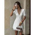 Women's summer new french chic elegant romantic solid color lace trim v-neck short sleeve fitted mini dress