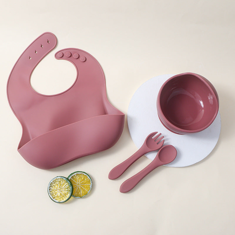 hot-selling silicone tableware suit baby kids bib suction cup bowl fork spoon suit saliva pocket dinner plate suit