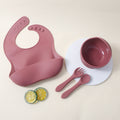 hot-selling silicone tableware suit baby kids bib suction cup bowl fork spoon suit saliva pocket dinner plate suit