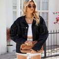 European and american cross-border women's fashion:  spring new arrivals -  independent store, washed denim jacket with rivets and tassels in black