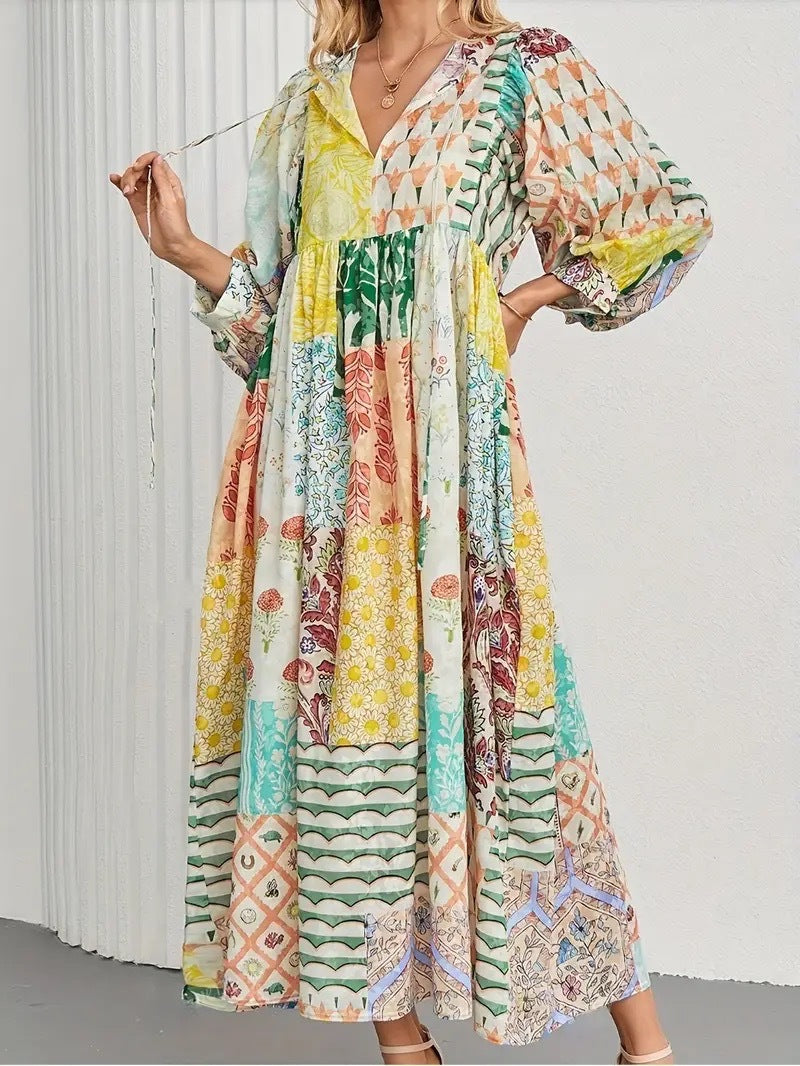 European and american cross-border   hot seller: bohemian lantern sleeve fashion print maxi dress