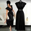 new v-neck ruffle sleeve solid color metallic embellished pleated design elegant long dress