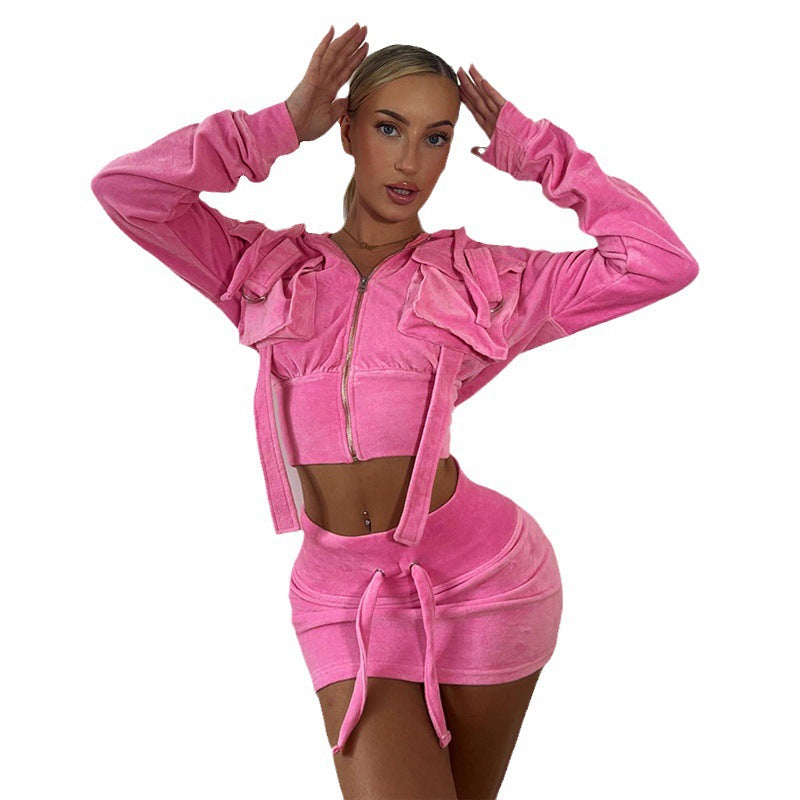 Europe and the United States 2024 spring women's clothing new fashion personalized hooded cardigan pocket short high waist casual skirt suit women
