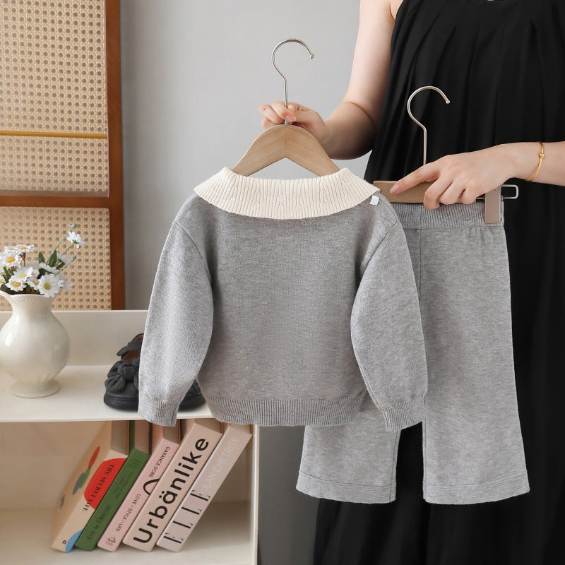 Girls' knit sweater polo shirt and pants set - new autumn  collection - casual sweater outfit for little girls