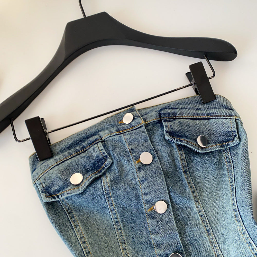 Exportretro denim style tube topvest pleated skirt two-piece set women's summer slimming look suit