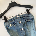 Exportretro denim style tube topvest pleated skirt two-piece set women's summer slimming look suit