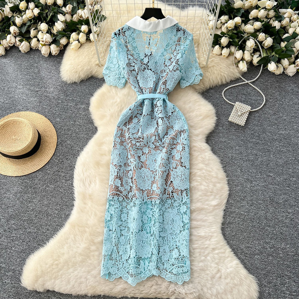 Luxury european and american style blazer collar short sleeve dress - women's summer mesh hollow-out crochet slimming elegant maxi dress