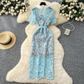Luxury european and american style blazer collar short sleeve dress - women's summer mesh hollow-out crochet slimming elegant maxi dress