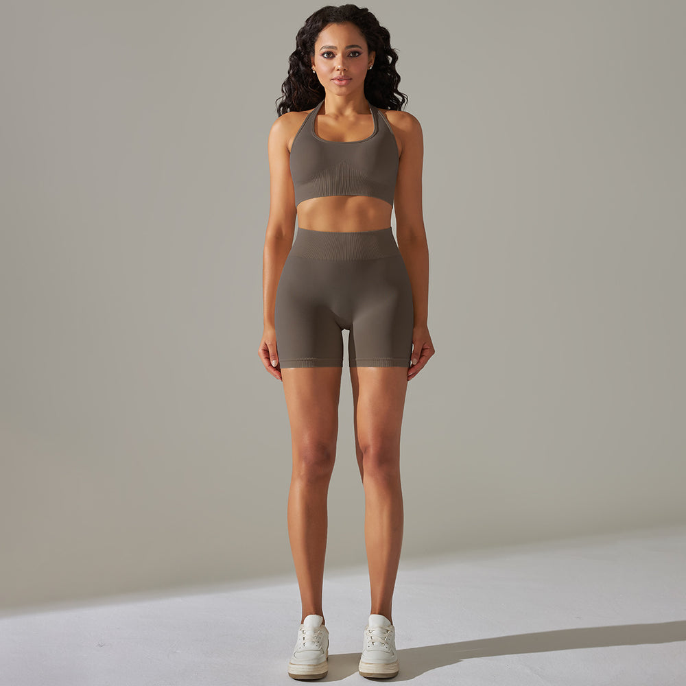 fashion seamless knitting beautiful back high elastic sports bra yoga suit running fitness shorts two-piece set for women