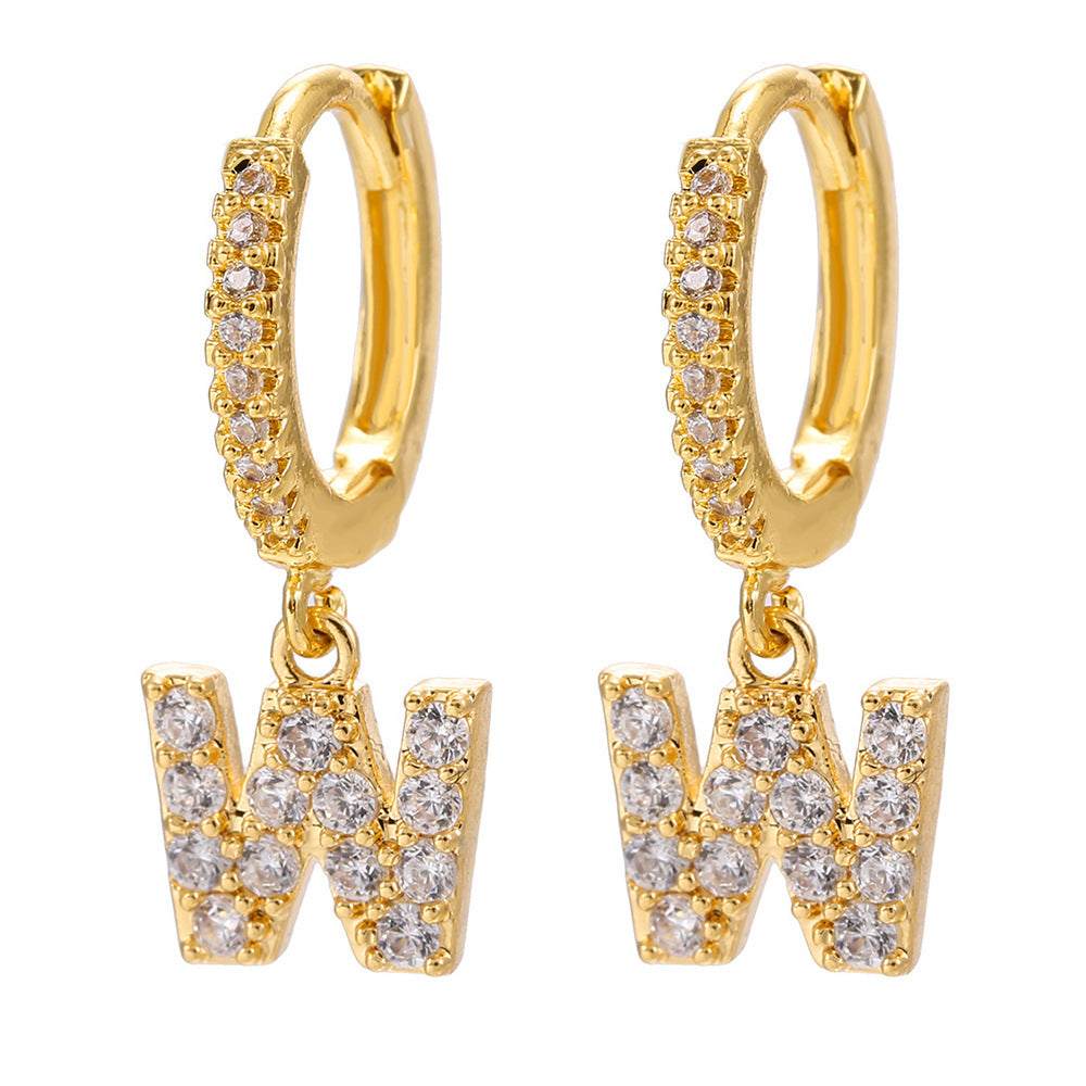 European and american gold-plated micro-paved zircon 26-letter initial pendant earrings - fashionable, unique, high-end, and chic hoop earrings with tassel detail