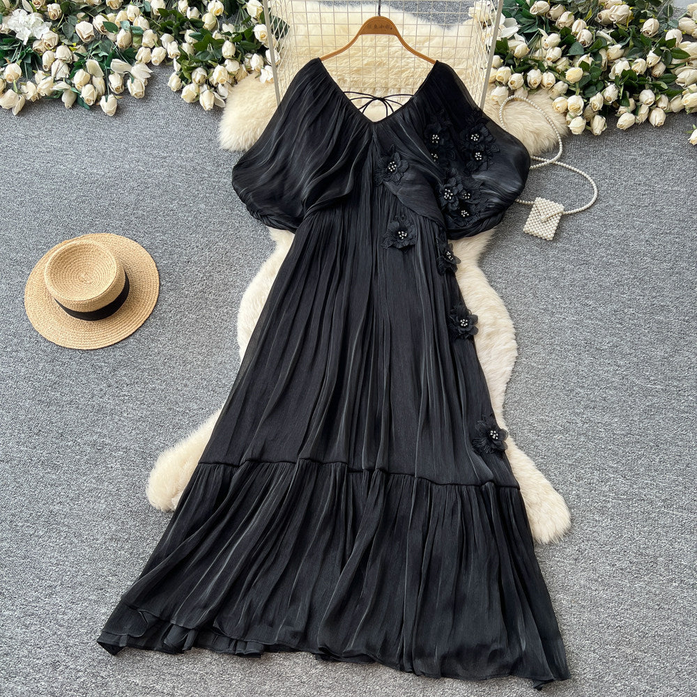 Vacation style stereo flower embroiderdress female summerv neck light mature style waist slimming look fairy draped long skirt