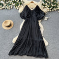Vacation style stereo flower embroiderdress female summerv neck light mature style waist slimming look fairy draped long skirt