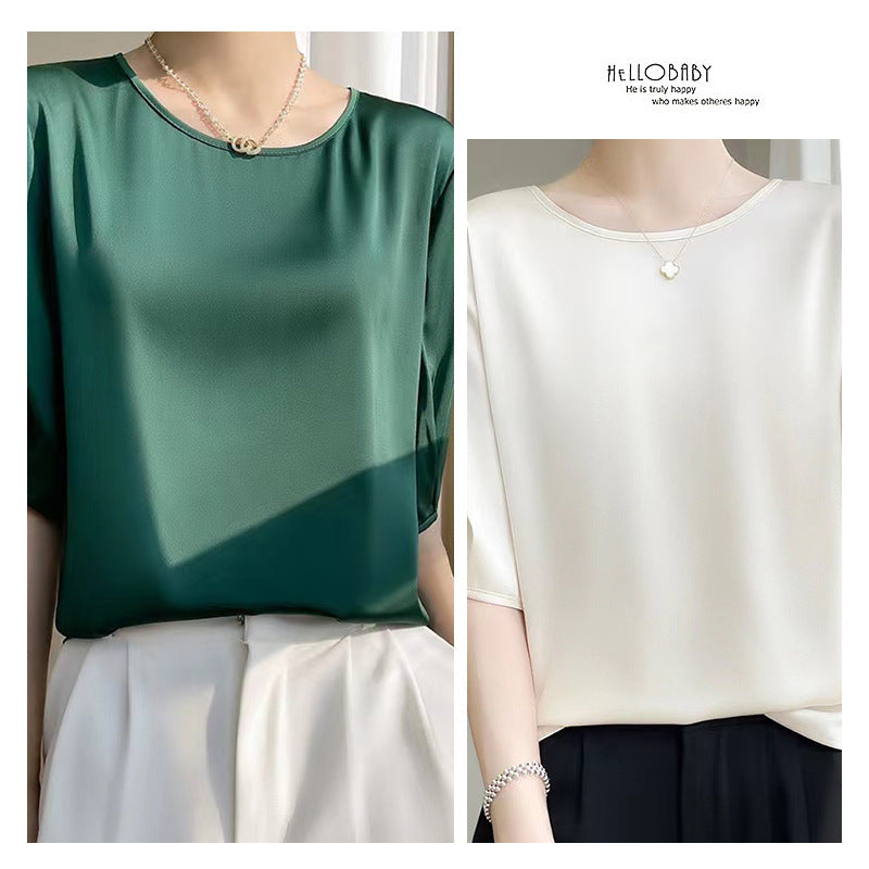 Faux silk five-sleeve t-shirt for women - new summer collection, elegant and relaxed fit, mid-sleeve tee, crew neck top