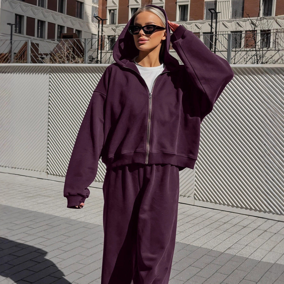 European and American fashion casual suit women's 2025 autumn new versatile trend hooded sweater cardigan trousers two-piece set