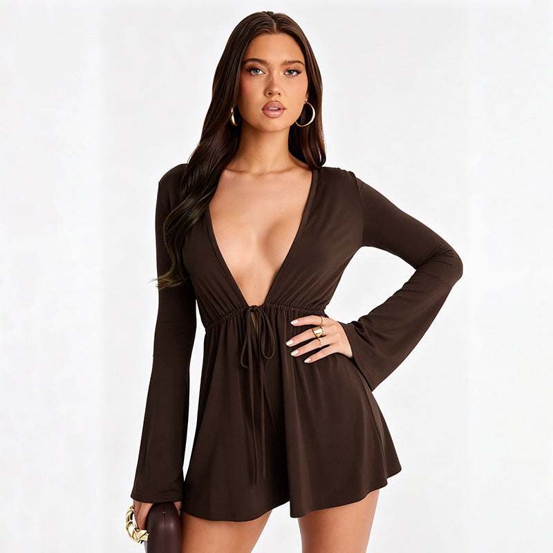 European and american export women's clothing  summer new solid color deep v long sleeve belted ruched sexy shorts jumpsuit