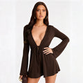 European and american export women's clothing  summer new solid color deep v long sleeve belted ruched sexy shorts jumpsuit