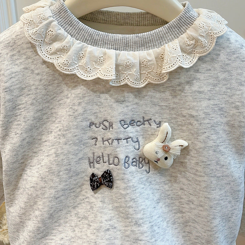 Girls' autumn/winter three-layer quilted padded sweatshirt, korean style trendy top, baby girl long-sleeved warm base layer