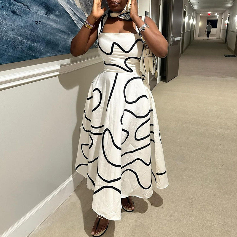 European and american cross-border women's fashion:  summer new collection - stylish square neck printed midi slip dress with cinched waist for a slimming silhouette