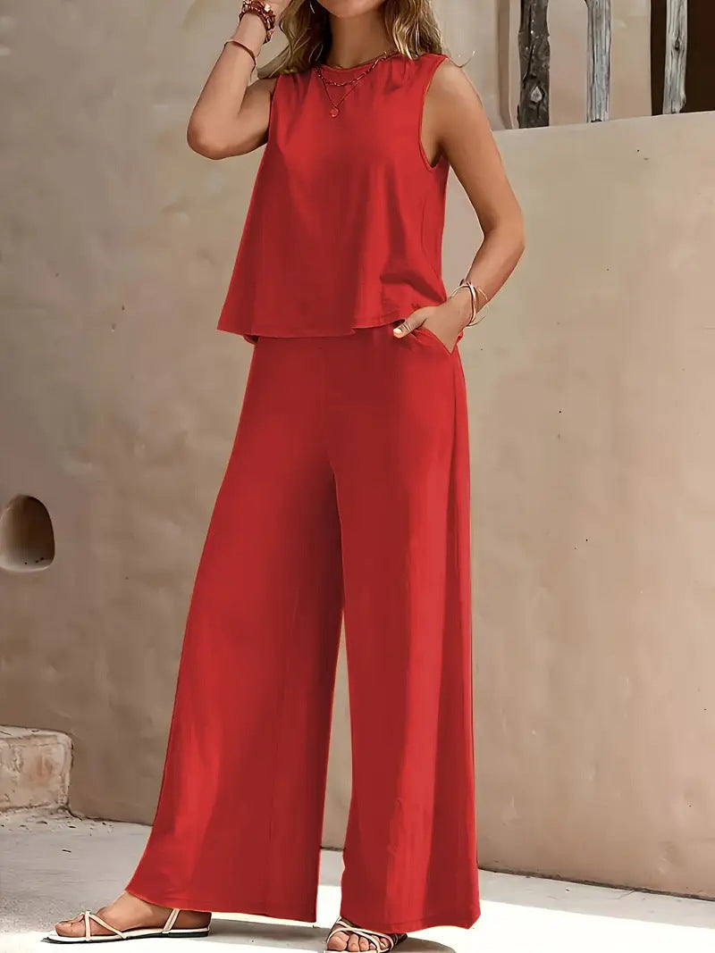 fashion cross-border best sellingpure colorelegancetwo-piece set round neck vest and loose pants suit women's clothing