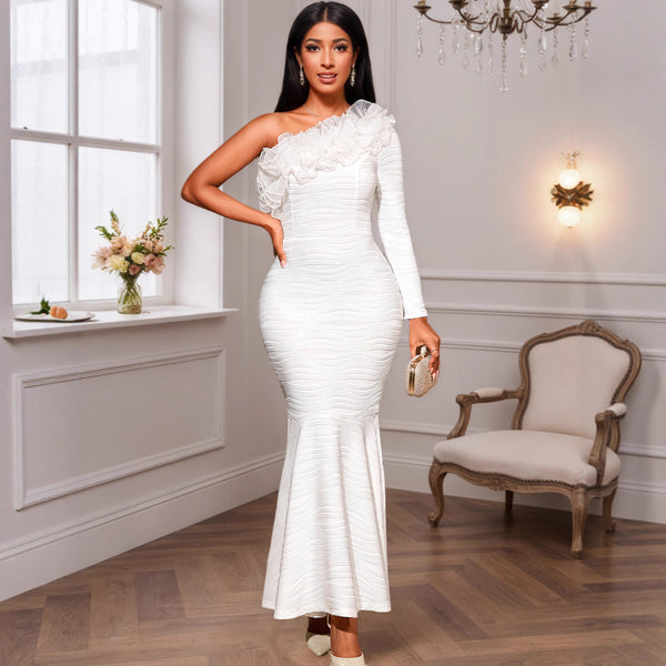 Stylish and elegant water ripple one-shoulder long-sleeved dress, ruffle edge slim-fitting hip-wrapped fishtail dress evening dress