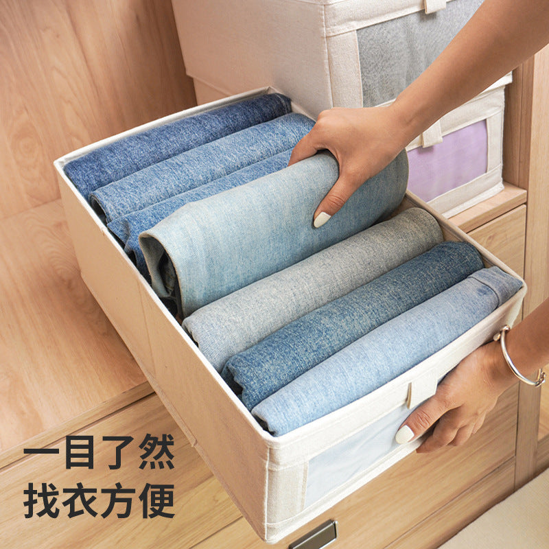 Windowed cotton and linen storage box, wardrobe pants clothing storage and finishing box, foldable fabric storage box wholesale