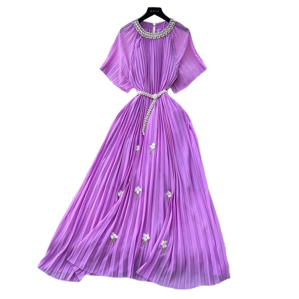 European and american light luxury high-end short-sleeve dress for women - summer pleated, rhinestone-embellished, pearl belt design