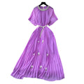 European and american light luxury high-end short-sleeve dress for women - summer pleated, rhinestone-embellished, pearl belt design