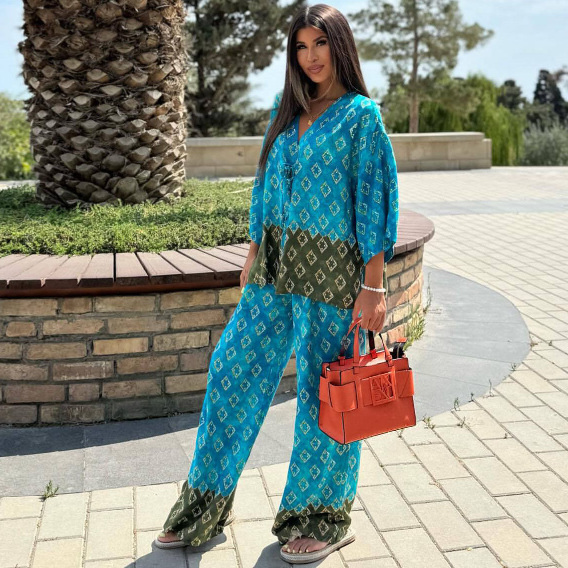 Cross-border European and American large-size fashion V-neck cardigan printed shirt  new casual wide-leg trousers two-piece set women