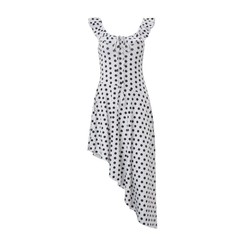 Amazon bestselling women's summer  new slim-fit u-neck ruffle trim polka dot asymmetrical hem dress