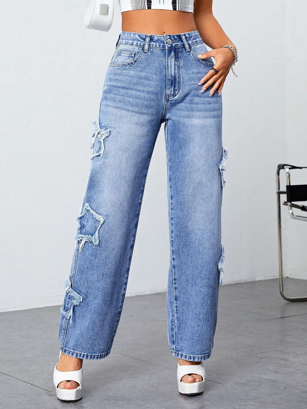 Export star jeans for women new arrival independent station ripped and worn straight-leg pants high waist washed jeans