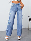 Export star jeans for women new arrival independent station ripped and worn straight-leg pants high waist washed jeans
