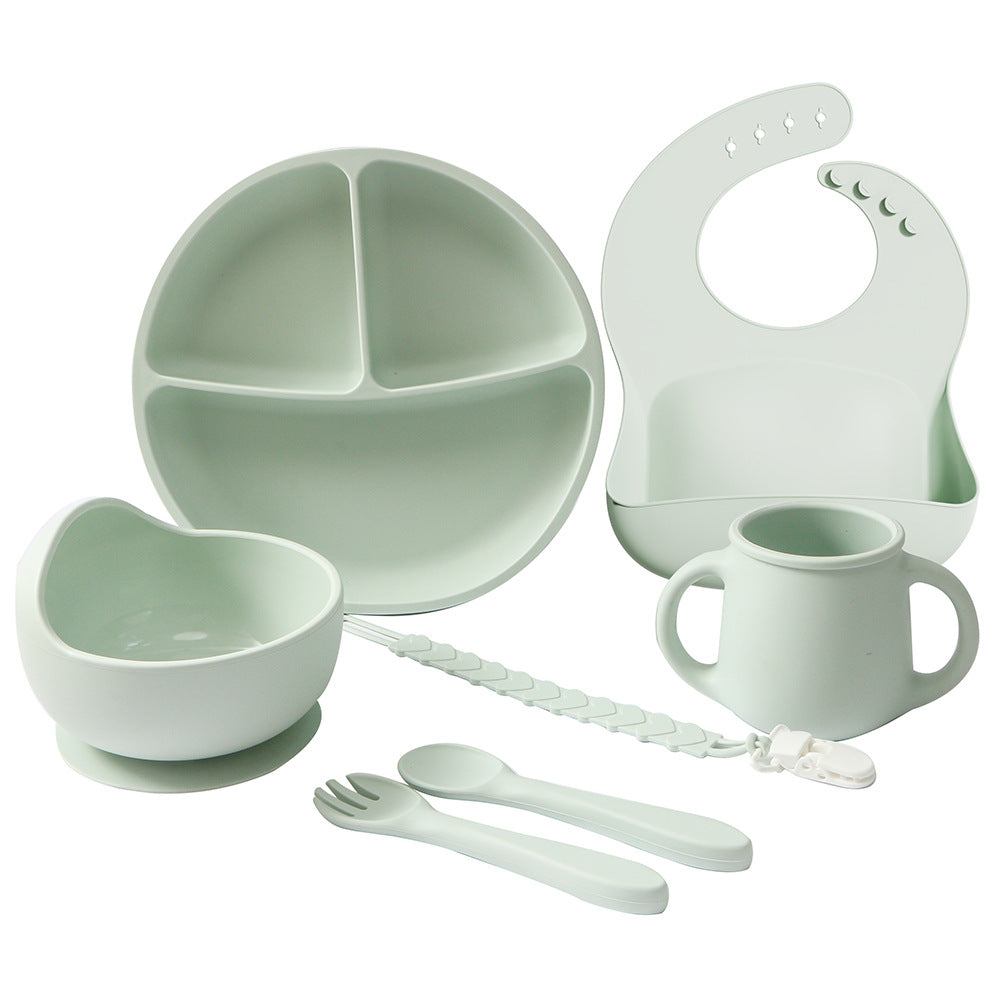 hot-selling food-grade silicone tableware 7-piece set, baby eating special tableware set, maternal and infant products supply