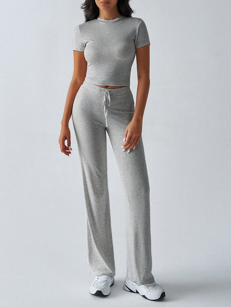 2025 european and american new arrival cross-border women's spring/summer elegant solid color crew neck casual fashion set - short sleeve top and long pants