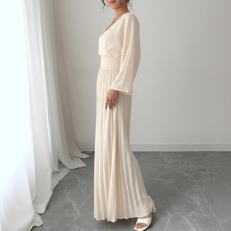 summer new women's clothing: european and american cross-border fashion, elegant solid color cinched waist pleated wide-leg jumpsuit