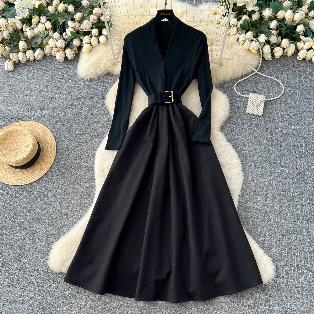 French chic mature woman's high-end v-neck long sleeve patchwork tie-waist dress - elegant inner layer maxi dress