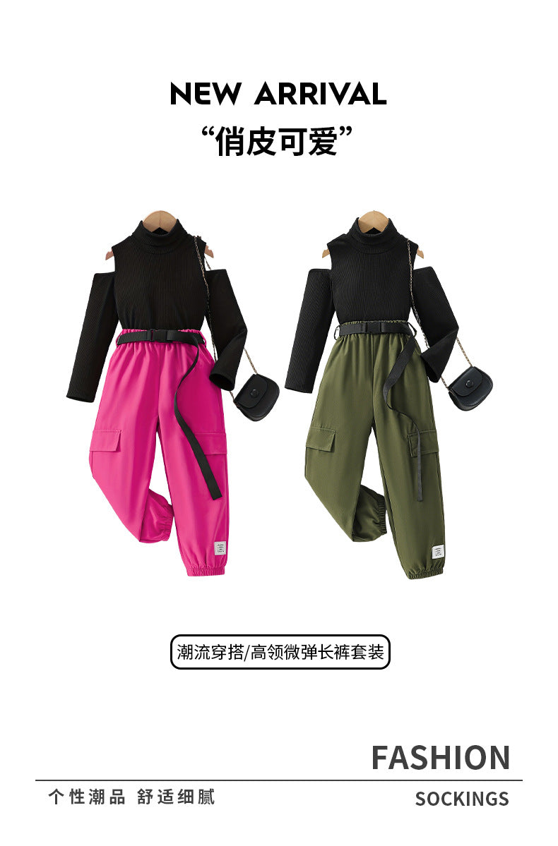 girl's knitted top two-piece set, green cargo wide-leg pants with elasticated cuffs, and a belt – a stylish and cool outfit for kids