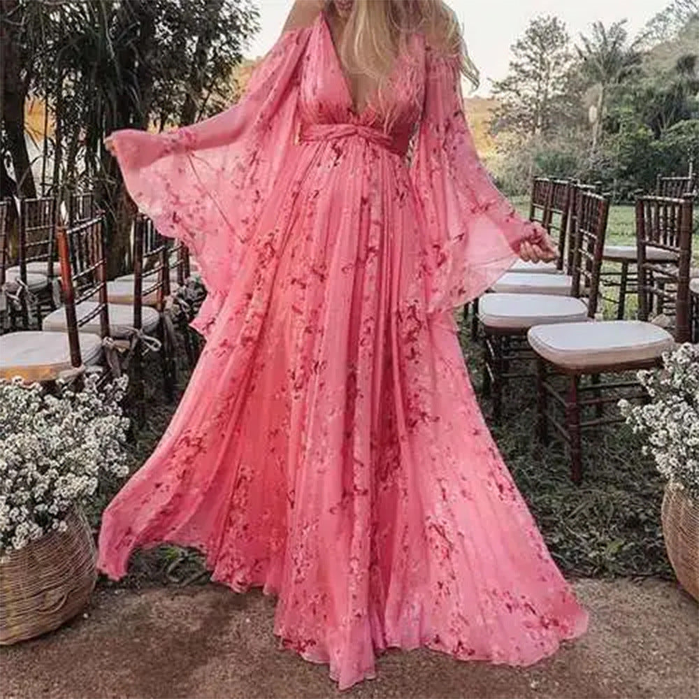 new autumn/winter cross-border fashion: european & american v-neck floral print pink maxi dress - plus size maternity swing dress