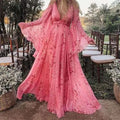 new autumn/winter cross-border fashion: european & american v-neck floral print pink maxi dress - plus size maternity swing dress